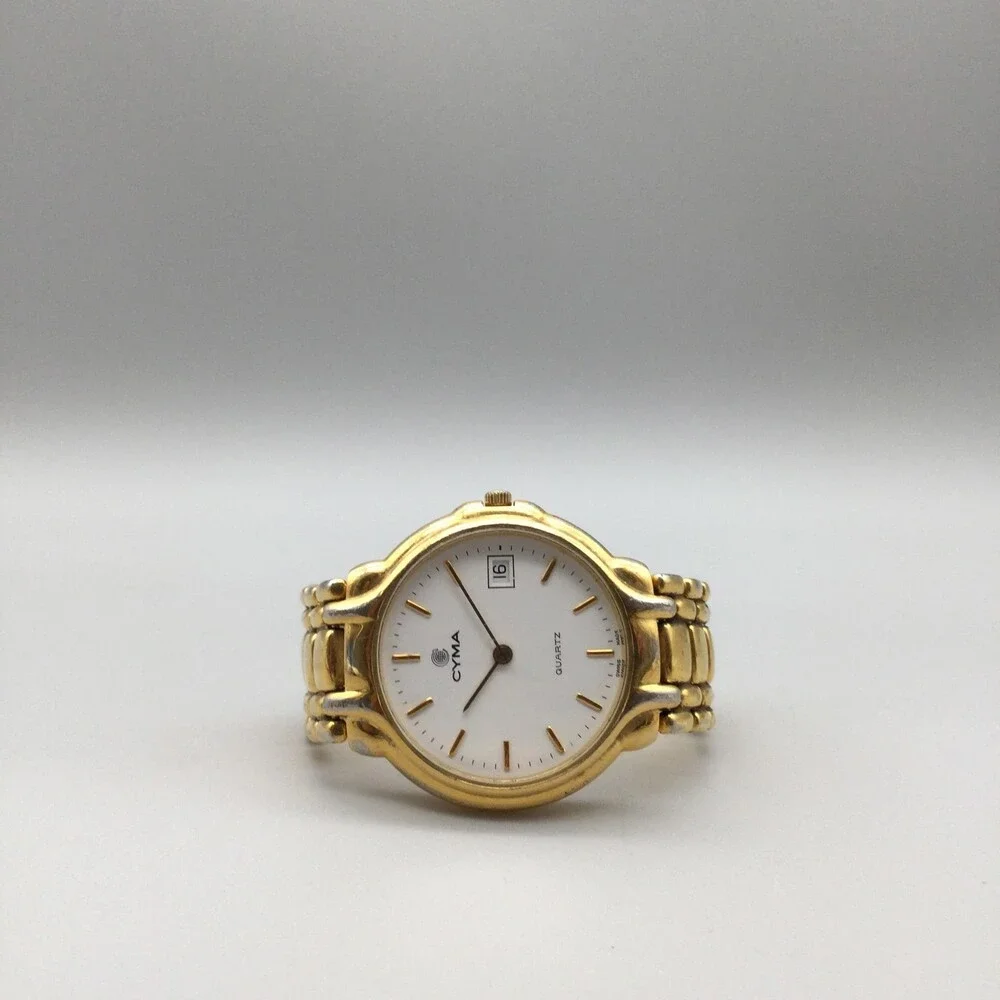 Cyma Le Locle Mens Watch 33mm Gold Tone Date Swiss Made New Battery 7.25